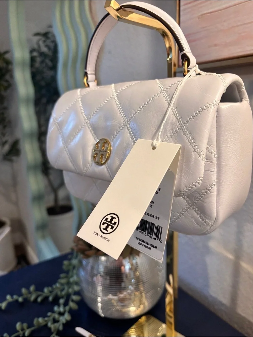 Tory Burch Light Gray Quilted Leather Shoulder Bag with Gold Hardware